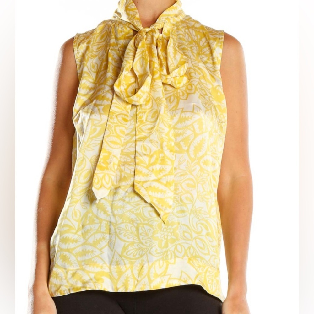 CAbi Yellow and White Sleeveless Bow Blouse